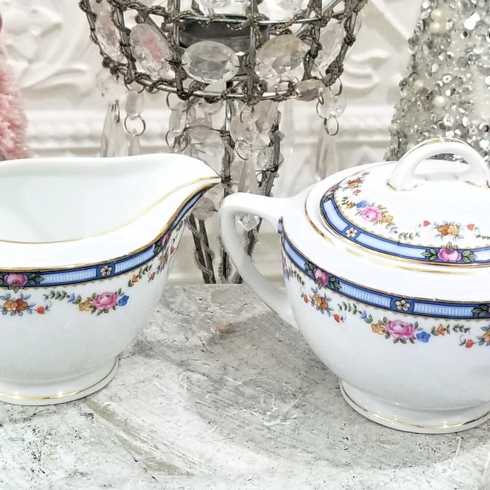 TK Thuny CARLTON Sugar Bowl & Creamer Set - Czechoslovakia Thun Roses Blue Rim